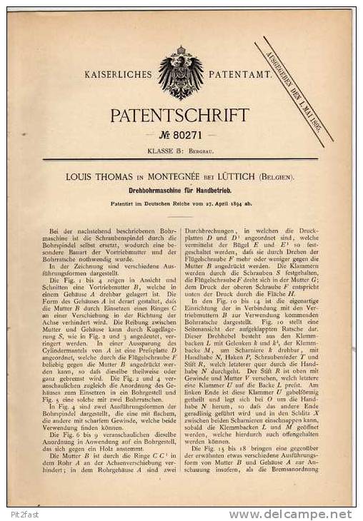 Original Patentschrift - L. Thomas In Montegnée B. Lüttich , 1894 , Bohrmaschine , Bohrer , Bergbau !!! - Outils Anciens