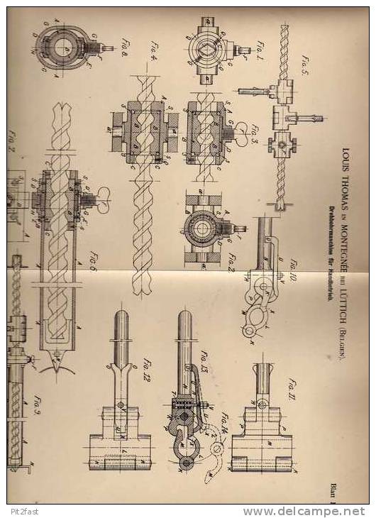 Original Patentschrift - L. Thomas In Montegnée B. Lüttich , 1894 , Bohrmaschine , Bohrer , Bergbau !!! - Outils Anciens