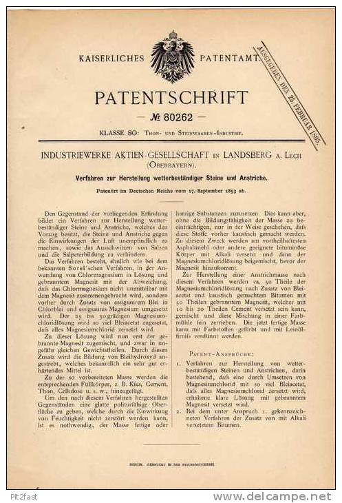 Original Patentschrift - Industriewerke AG In Landsberg A. Lech , 1893 , Wetterbeständige Steine Und Anstriche , Bau !!! - Architecture