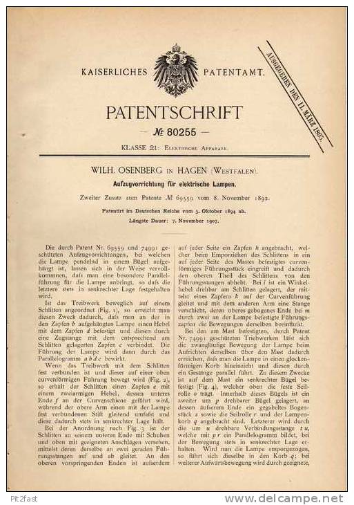 Original Patentschrift - W. Osenberg In Hagen , 1894 , Aufzug Für Elektr. Lampen , Straßenlampe !!! - Lantaarns & Kroonluchters