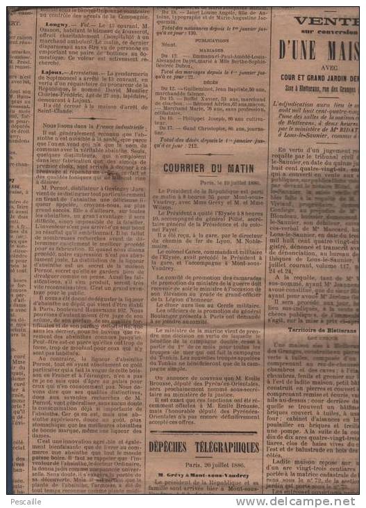 L´UNION REPUBLICAINE DU JURA 21 07 1886 LONS LE SAUNIER - ABSINTHE PERNOT GEVINGEY - CONLIEGE - ORGELET - PERRIGNY - - 1850 - 1899