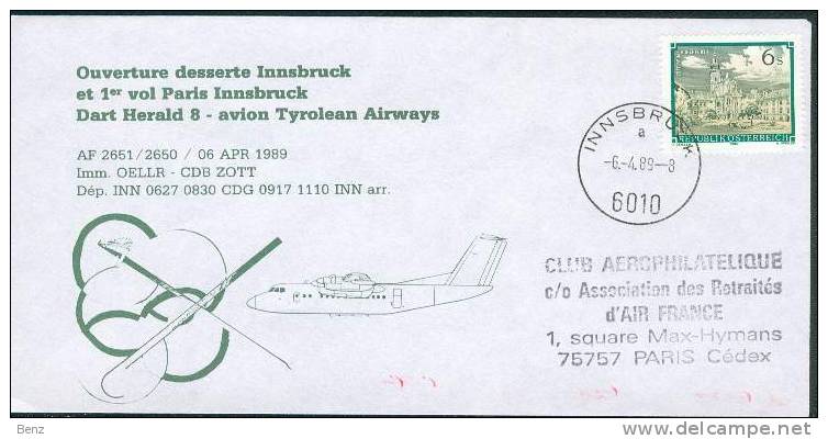 AUTRICHE 1ER VOL OUVERTURE DESSERTE INNSBRUCK PAR TYROLEAN AIRWAYS 6 AVRIL 1989 PARIS TB - Autres & Non Classés