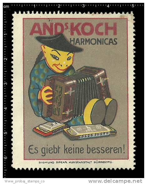 Old Original German Poster Stamp (cinderella,reklamemarke) KOCH - Music,Mundharmonika, Mouth Organ, Harmonica, Accordion - Music