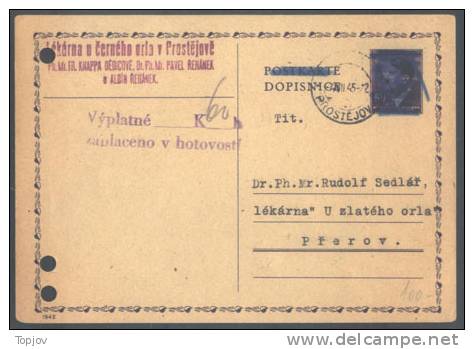 CZECHOSLOVAKIA  - NAZI.  HITLERT OCCUPAT. CARD - ZAPLACENO V HOTOVOSTI - PROSTEJOV  4. VII 1945. - Postales