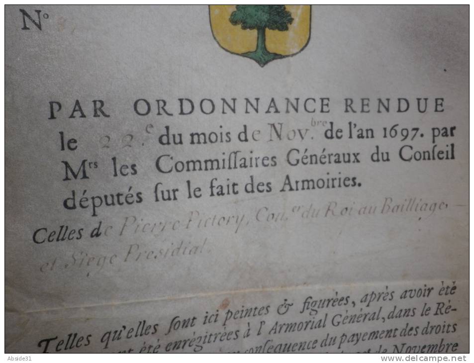 1698 Parchemin Ordonnance royale de création Armoiries en Champagne Troies ( Troyes ) pour 1 Conseiller Roi Blason peint