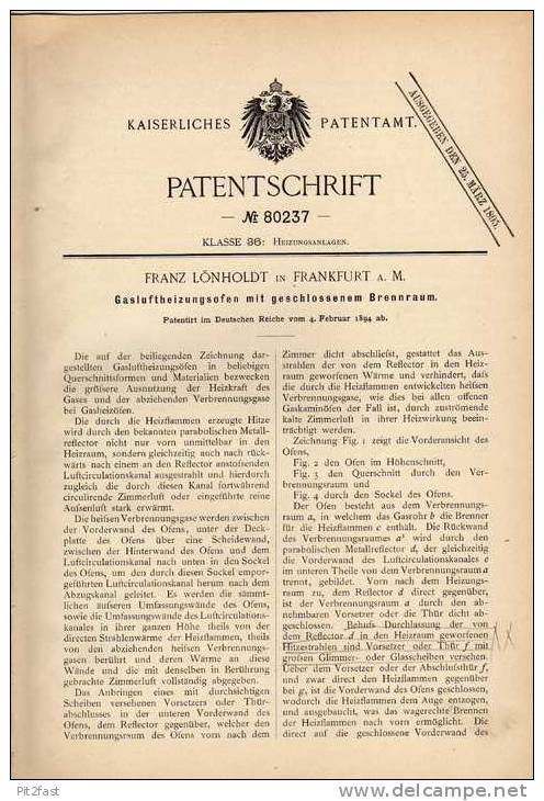 Original Patentschrift - Ofen , Kamin , Gasofen , 1894 , F. Lönholdt In Frankfurt A.M. , Heizung , Feuerung !!! - Sonstige & Ohne Zuordnung