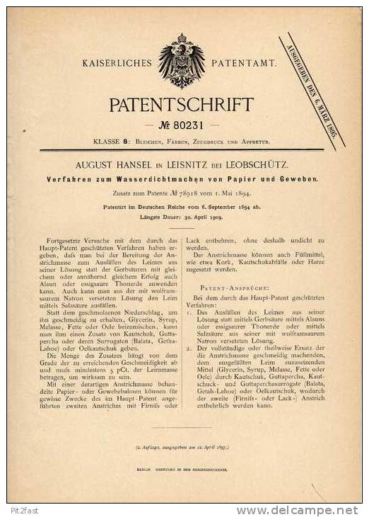 Original Patentschrift - A. Hansel In Leisnitz B. Leobschütz , 1894 , Wasserdichtes Papier Und Gewebe , Glubczyce !!! - Historische Dokumente