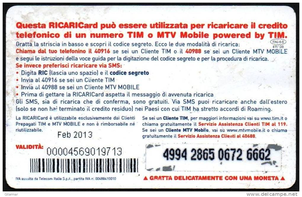 ITALIA - TIM RICARICA TELEFONICA - 5 EURO - NAZIONALE ITALIANA CALCIO - SCADENZA FEBBRAIO 2013 - USATA - Sport