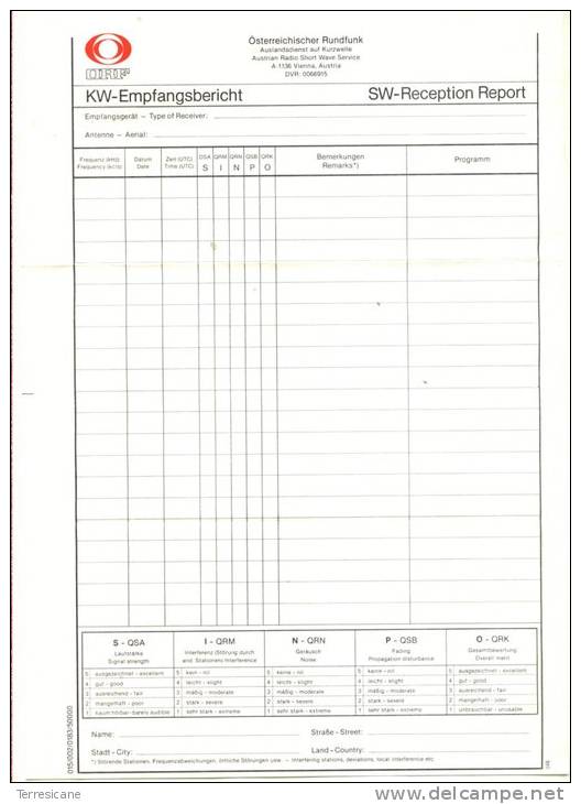 Orf Osterreichscher Rundfunk Kw Empfangsbericht Sw Reception Report Austrian Radio Short Wave Service - Sonstige & Ohne Zuordnung