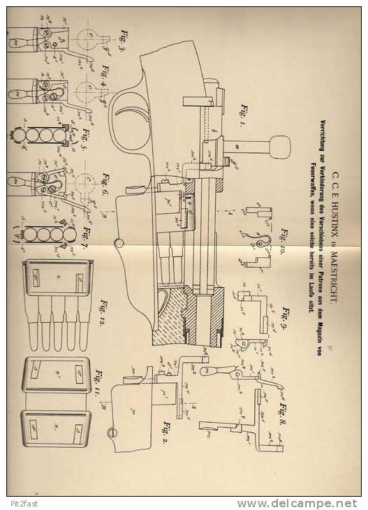 Original Patentschrift - C. Hustnix In Maestricht , 1894 , Magazin Für Pistole , Gewehr , Waffe !!! - Documenten