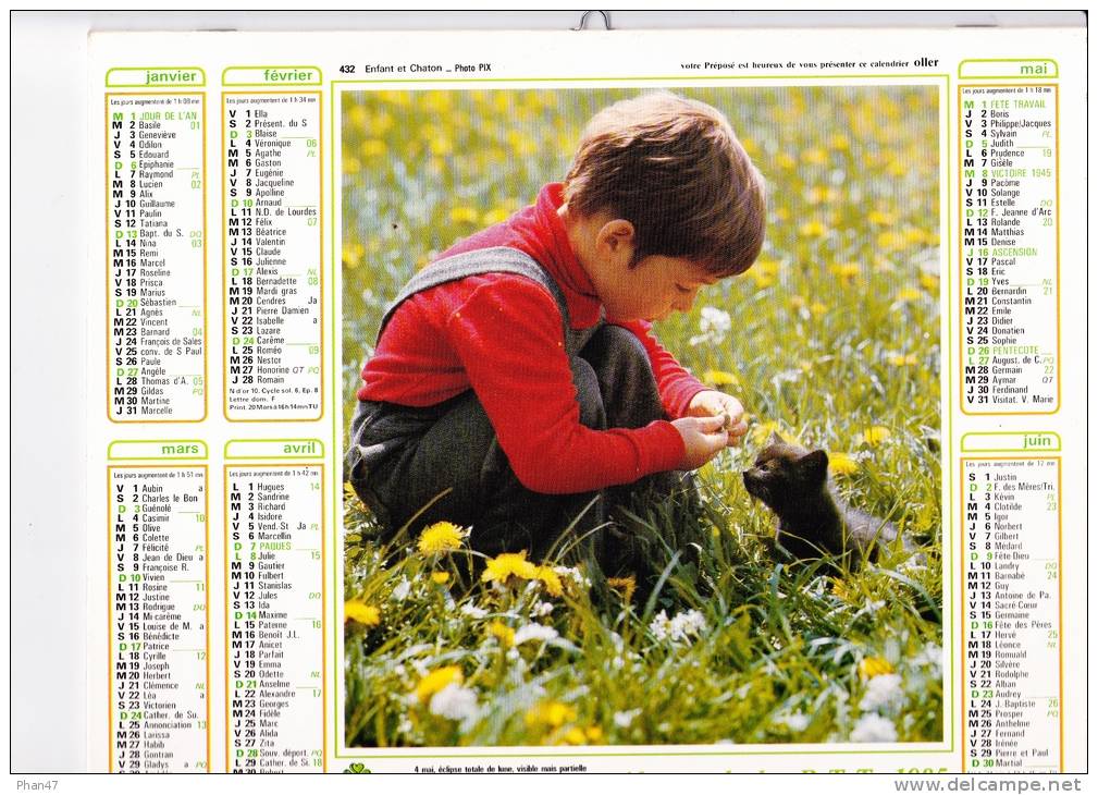 Almanach Des PTT 1985  "enfant Et Chaton / Jeune Garçon Et Chien" Chiot, Aquitaine, Franche-Comté OLLER - Big : 1981-90