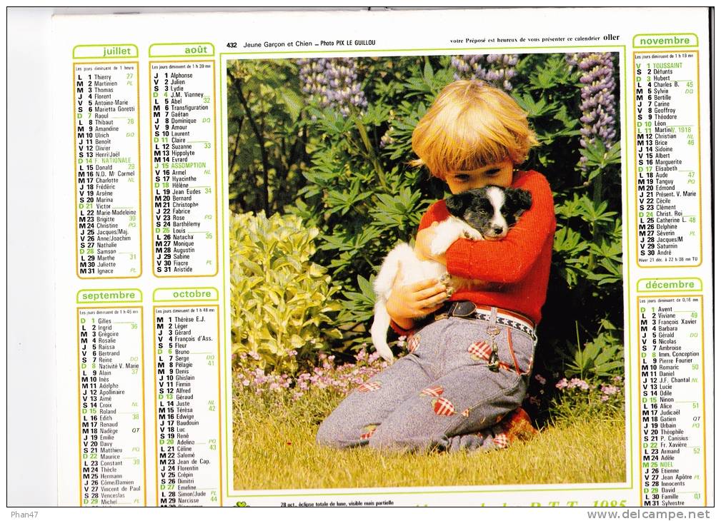 Almanach Des PTT 1985  "enfant Et Chaton / Jeune Garçon Et Chien" Chiot, Aquitaine, Franche-Comté OLLER - Big : 1981-90
