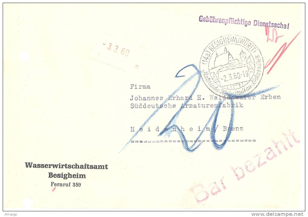 GERMANY. POSTMARK BESIGHEIM. 1960 - Colecciones (en álbumes)