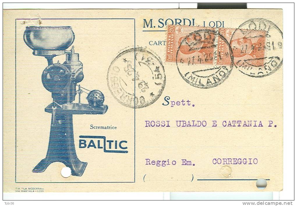 SORDI, LODI, CARTOLINA COMMERCIALE VIAGGIATA  1925, PER CORREGGIO, TIMBRO POSTE LODI MILANO, CORREGGIO FRAZIONARIO, - Lodi