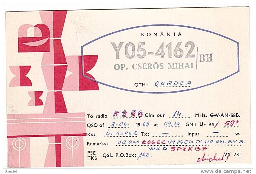 CARTE - RADIO - QSL - ORADEA - ROUMANIE - 1969 - CSEROS - MIHAI. - Radio Amatoriale