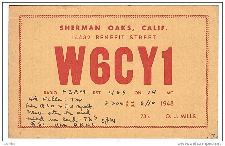 CARTE RADIO QSL - U.S.A. - CALIFORNIE - SHERMAN OAKS - 1948. - Radio Amateur