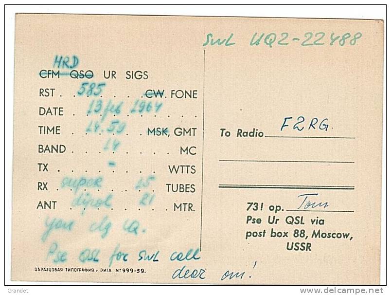 CARTE RADIO QSL - RUSSIE - RIGA - 1964. - Radio Amateur