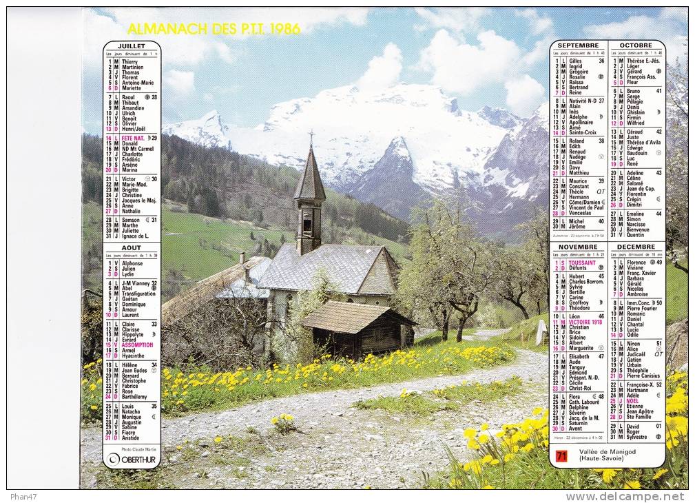 Almanach Des PTT 1986  "Vallée Des Aravis (Haute-Savoie)" / Vallée De Manigod (Haute-Savoie)" église, Vaches, OBERTHUR - Formato Grande : 1981-90