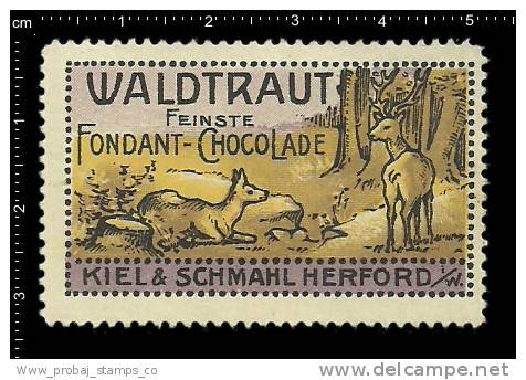 Old Original German Poster Stamp (advertising Cinderella, Reklamemarke) Kiel & Schmahl Chocolate,game,deer,Hirsche - Game