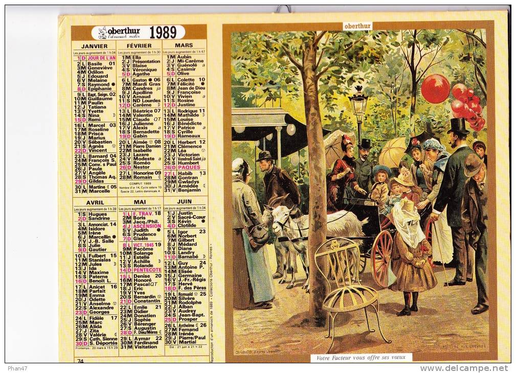 Almanach Des PTT 1989  "Voiture Aux Chèvres / Guignol Aux Champs-Elysées" Chromo JEANNIOT, + 2 Chromos Int. OBERTHUR - Big : 1981-90