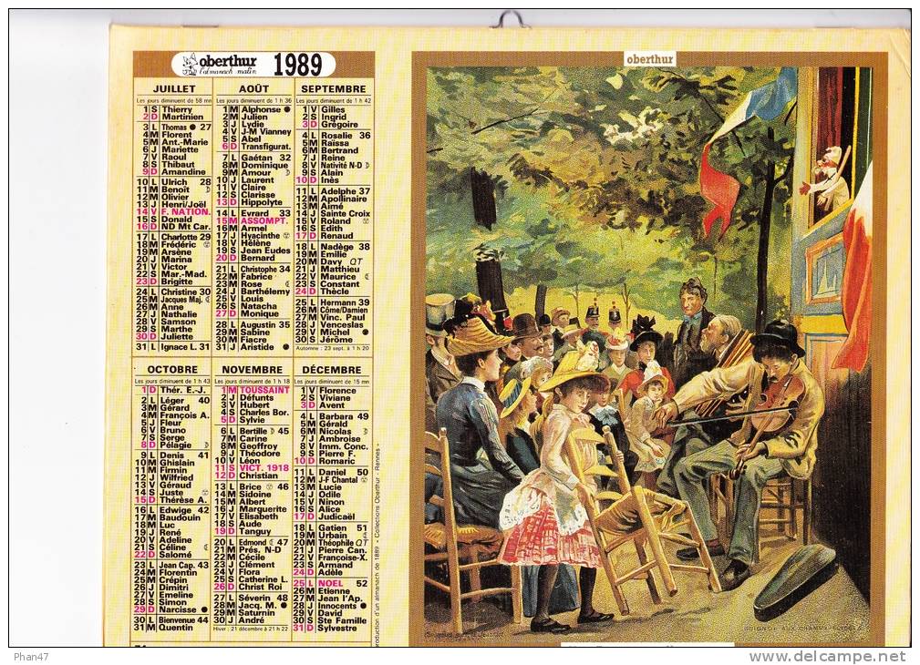 Almanach Des PTT 1989  "Voiture Aux Chèvres / Guignol Aux Champs-Elysées" Chromo JEANNIOT, + 2 Chromos Int. OBERTHUR - Big : 1981-90