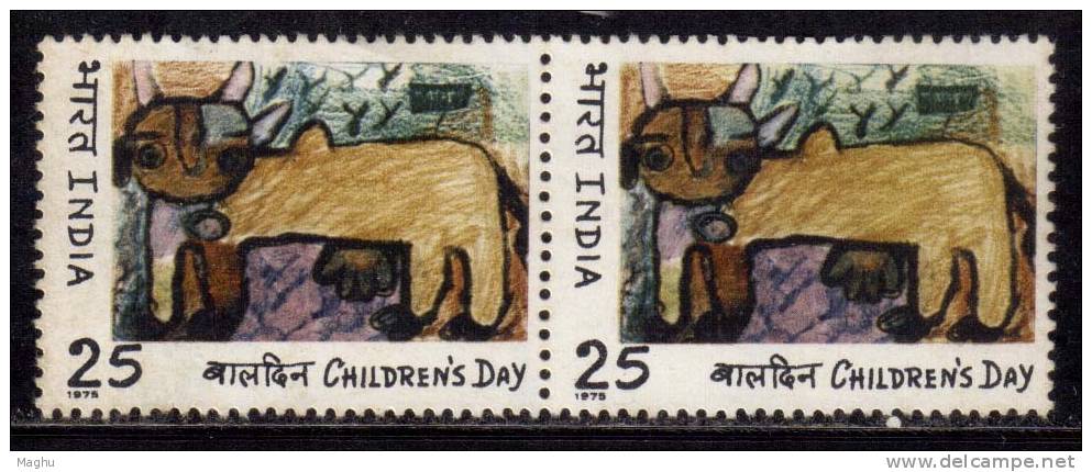 India MH Pair 1975, Childrens Day, Kinder, Cow, Farm Animal - Nuovi