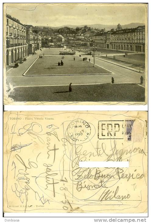 Torino: Piazza Vittorio Veneto. Cartolina Viaggiata 1950 Annullo Targhetta ERP. Animata, Tram, Auto D´epoca - Places & Squares