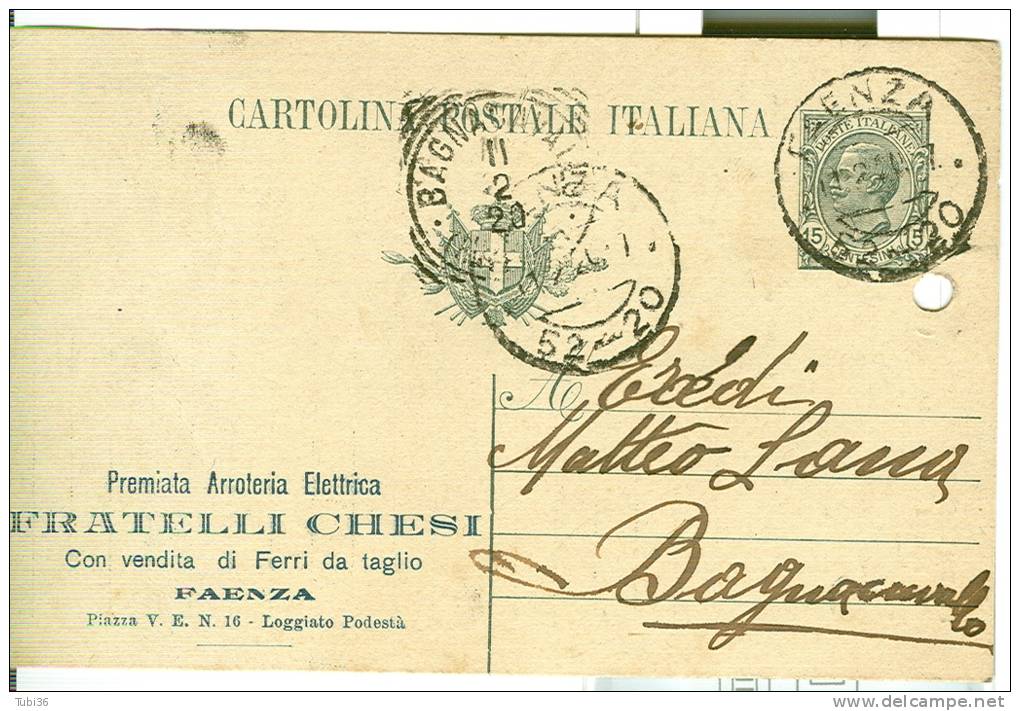 CHESI, FAENZA, CARTOLINA COMMERCIALE VIAGGIATA  1920, PER BAGNACVALLO, TIMBRO POSTE FAENZA FRAZIONARIO BAGNACAVALLO  TON - Faenza