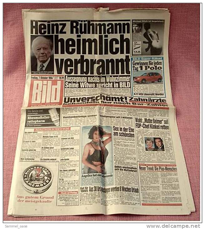 BILD-Zeitung Vom 7. Oktober 1994 : Heinz Rühmann Heimlich Verbrannt , Sekten-Massaker In Der Schweiz - Autres & Non Classés