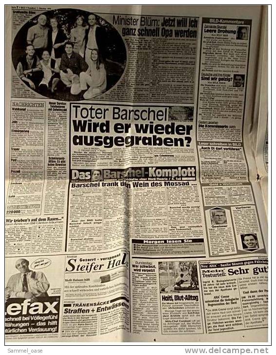 BILD-Zeitung Vom 7. Oktober 1994 : Heinz Rühmann Heimlich Verbrannt , Sekten-Massaker In Der Schweiz - Autres & Non Classés