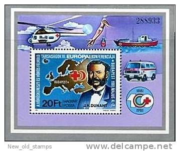 HUNGARY 1981 RED CROSS S/S HELICOPTERS, HENRY DUNANT, MAPS, NOBEL PRIZE,MEDICINE - Henry Dunant