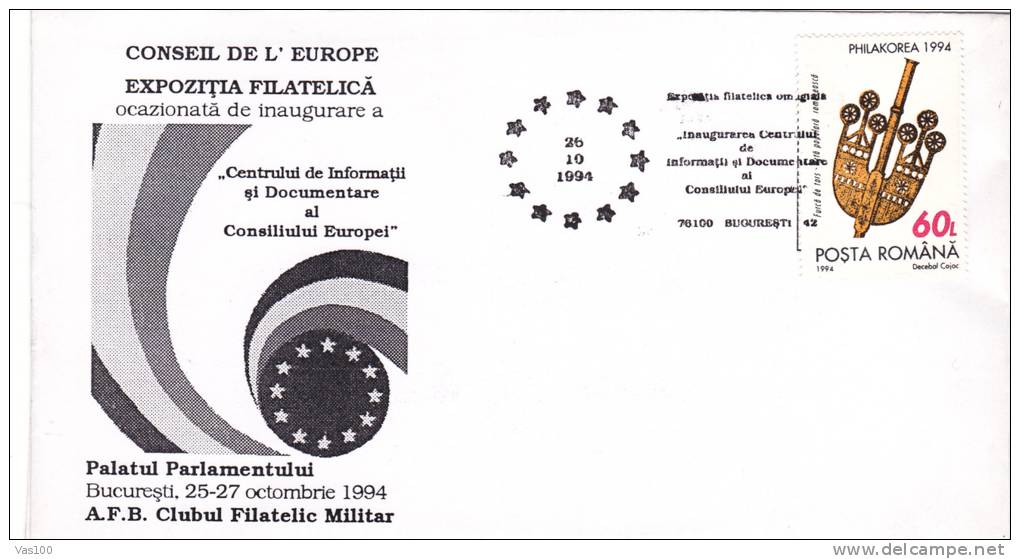 EUROPE COUNCIL, DOCUMENTATION AND INFORMATION CENTRE, 1994, SPECIAL COVER, OBLITERATION CONCORDANTE, ROMANIA - Comunità Europea