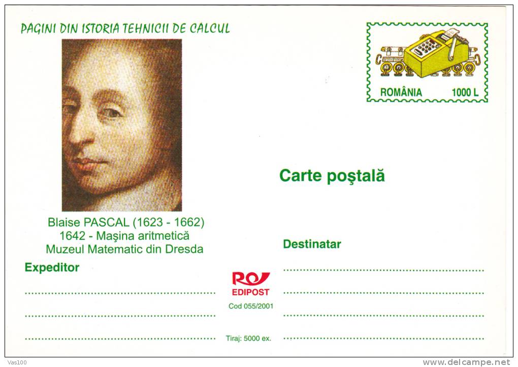 BLAISE PASCAL, ARITHMETIC MACHINE, 2001, CARD STATIONERY, ENTIER POSTAL, UNUSED, ROMANIA - Computers