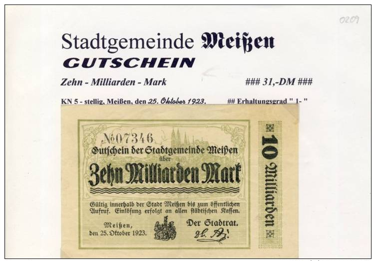 Städte Großgeldscheine - Banknoten Während Der Inflationszeit V. 1923 Meißen 10 Milliarden Mark -  "GUTSCHEIN" (0209) - 10 Milliarden Mark