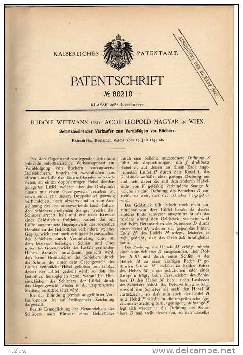 Original Patentschrift - J. Magyar In Wien , 1894 , Verkaufsmaschine Für Bücher , Bücherei , Buchhandel !!! - Maschinen