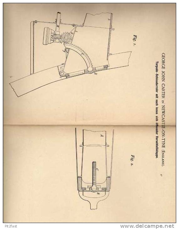 Original Patentschrift - G. Carter In New Castle On Tyne , 1894 , Torpedo - Schleuderrohr  !!! - Documents