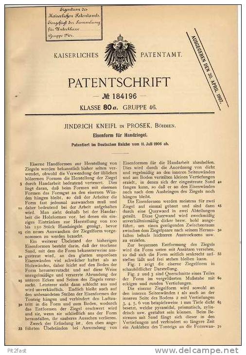 Original Patentschrift - J. Kneifl In Prosek , Böhmen , 1906 , Eisenform Für Ziegel , Ziegelei , Dachziegel !!! - Eisenarbeiten