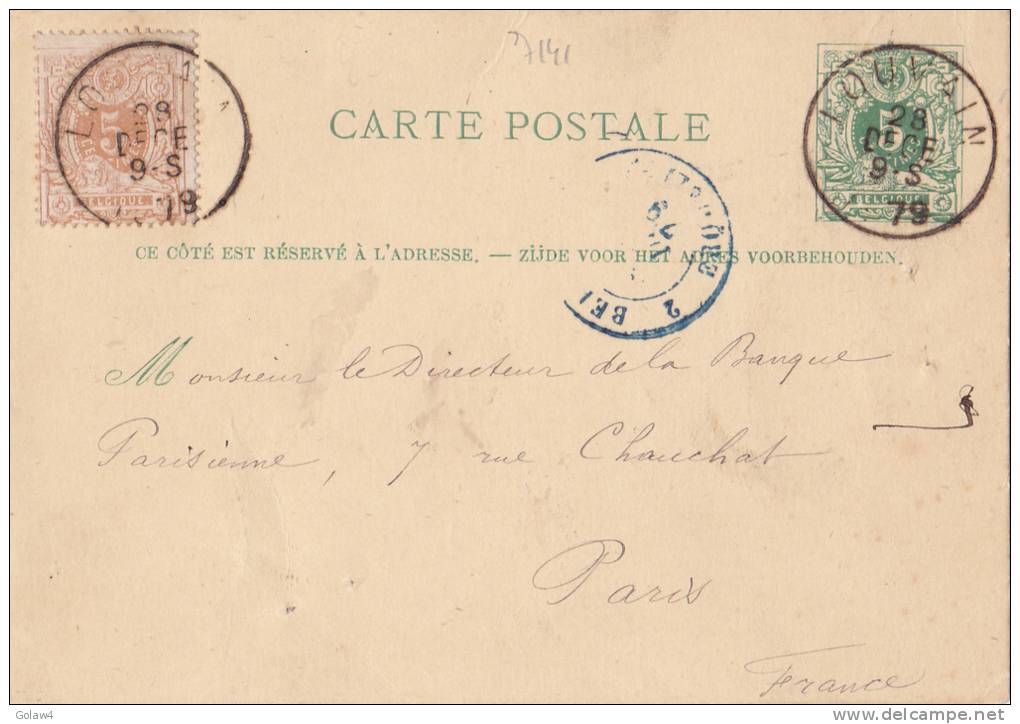 7141# BELGIQUE CARTE POSTALE ENTIER COB N° 28 Obl LOUVAIN 1879 Pour PARIS Via BELG. 2 ERQUELINES - 1869-1888 Lion Couché