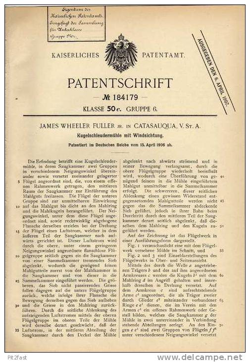 Original Patentschrift - J. Fuller In Catasauqua , USA , 1906 , Kugelschleudermühle !!! - Maschinen