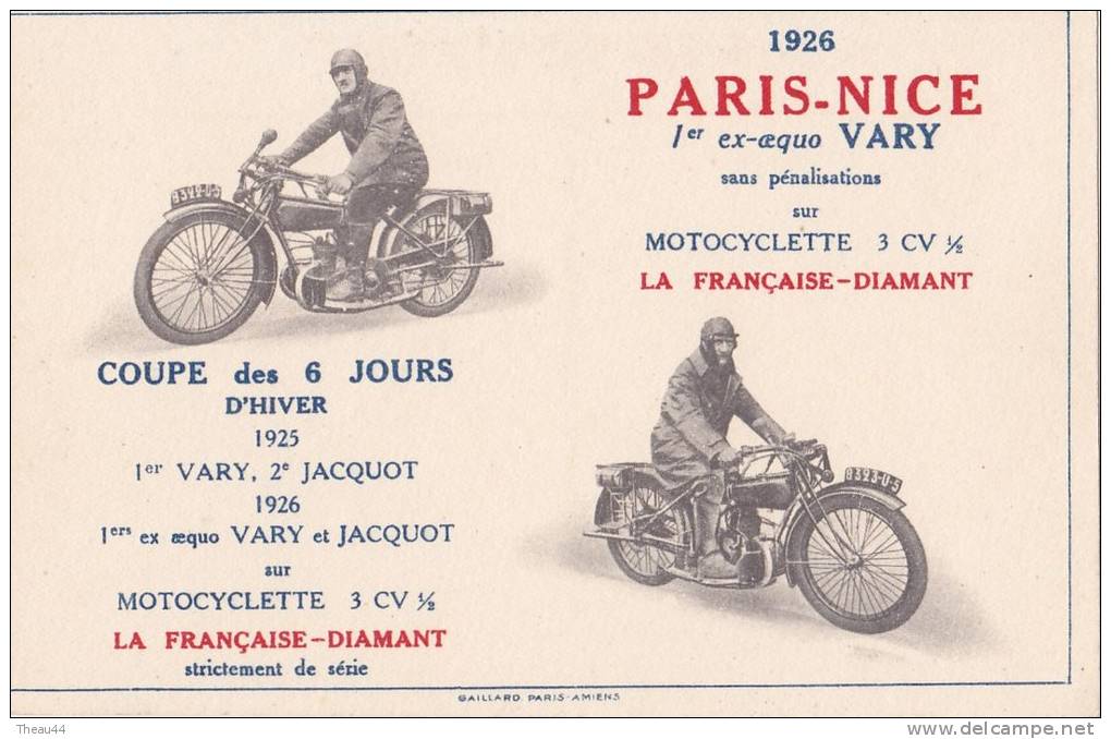 ¤¤  -   Carte Publicitaire Des Motos DIAMANT  -  Course Paris-Nice En 1926     -   ¤¤ - Moto