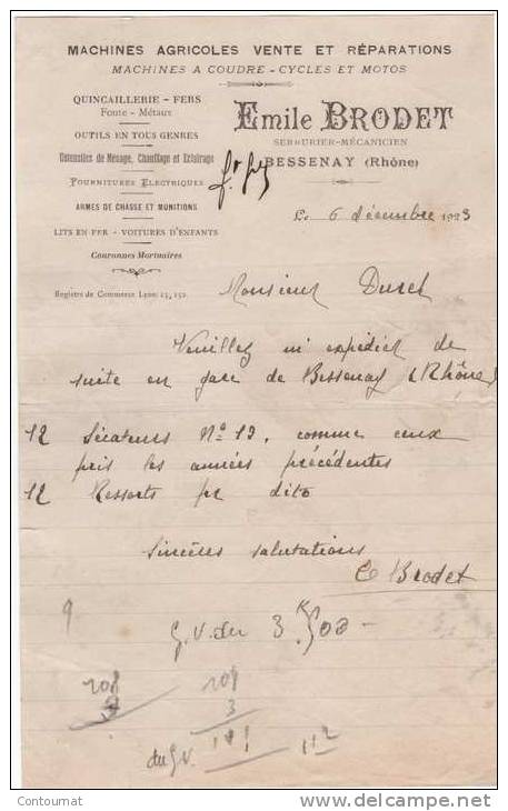 69 BESSENAY Près L' ARBRESLE COURRIER  MACHINES AGRICOLES Emile BRODET 1923 -  V32 - Agricultura