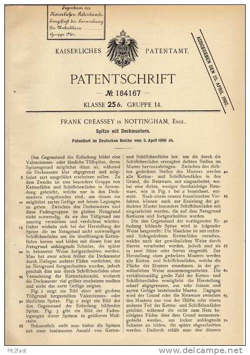 Original Patentschrift - Spitze Mit Deckmuster , 1906 , F. Creassey In Nottingham , England , Spitzen !!! - Pizzi, Merletti E Tessuti