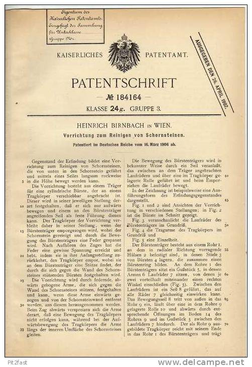 Original Patentschrift - Reinigungsapparat Für Schornstein , 1906 , H. Birnbach In Wien , Schornsteinfeger , Esse !!! - Maschinen