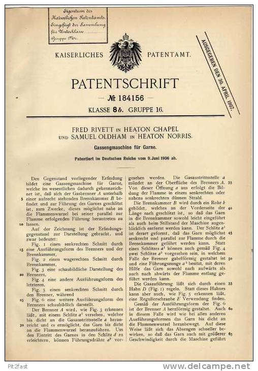 Original Patentschrift - F. Rivett In Heaton Chapel Und Heaton Norris , 1906 , Garnmaschine , Gassengmaschine !!! - Tools