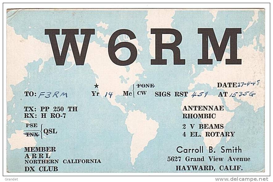 CARTE RADIO QSL - U.S.A. - CALIFORNIE - HAYWARD - 1948. - Radio Amatoriale