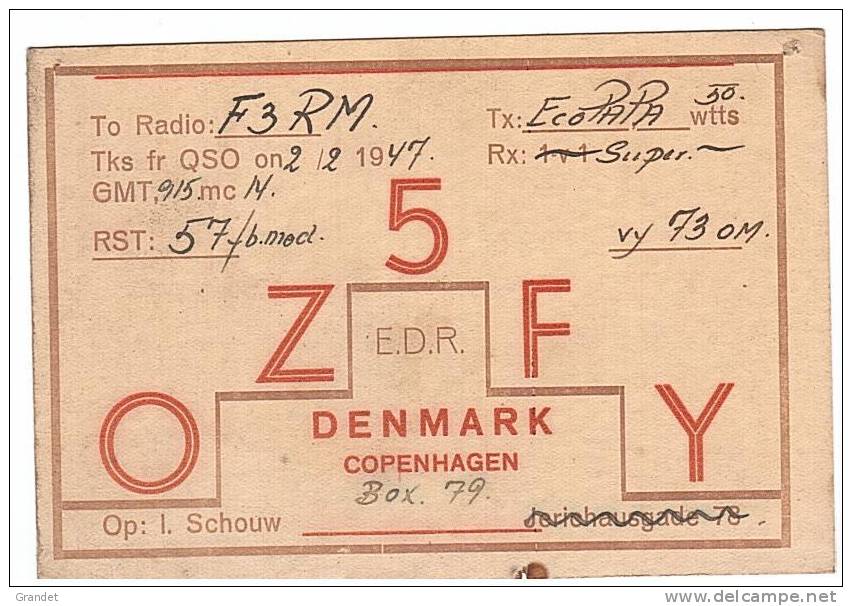 CARTE RADIO QSL - DANEMARK - COPENHAGUE - 1947. - Radio Amateur