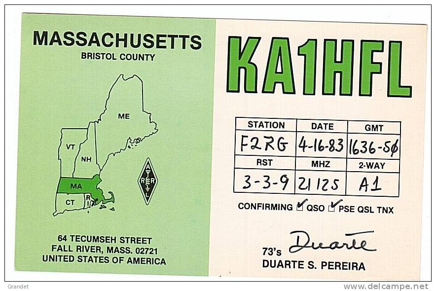 CARTE RADIO QSL - U.S.A. FALL RIVER - MASSACHUSETTS - 1983. - Radio Amateur