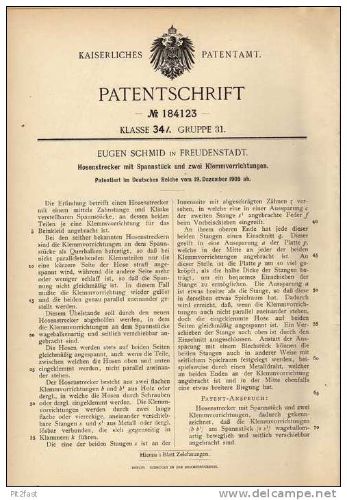 Original Patentschrift - E. Schmid In Freudenstadt , 1905 , Hosenstrecker Mit Spannstück , Hosen , Bekleidung !! - Literatur