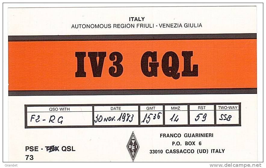 CARTE RADIO QSL - ITALIE - CASSACCO - 1983. - Radio Amateur