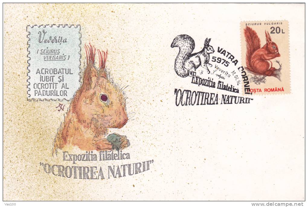 SQUIRREL, 1994, SPECIAL COVER, OBLITERATION CONCORDANTE, ROMANIA - Rongeurs